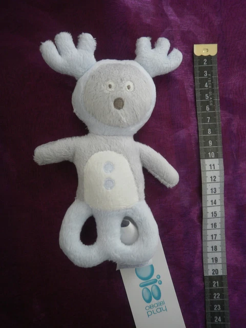 Doudou hochet gris bleu rene elan ours   OKAIDI OBAIBI