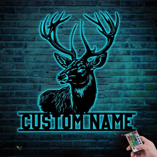 Custom Elk Deer Hunting Metal Wall Art LED Light, Personalized Hunter Name Sign