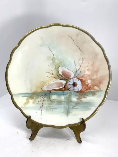 Antique D&C France Hand Painted Scalloped Plate with Oysters and Sea Urchin Rare