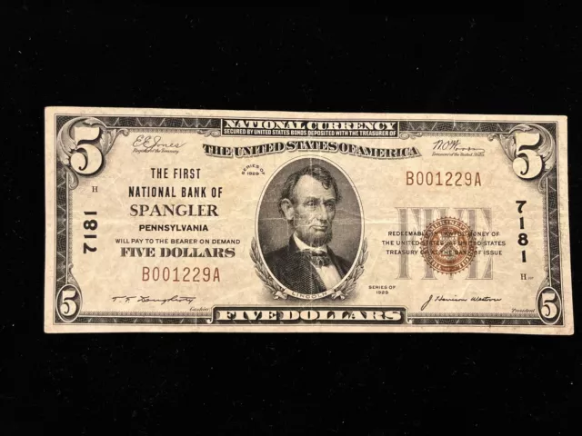 1929 $5 The First National Bank Of Spangler  Pa National Currency # 7181