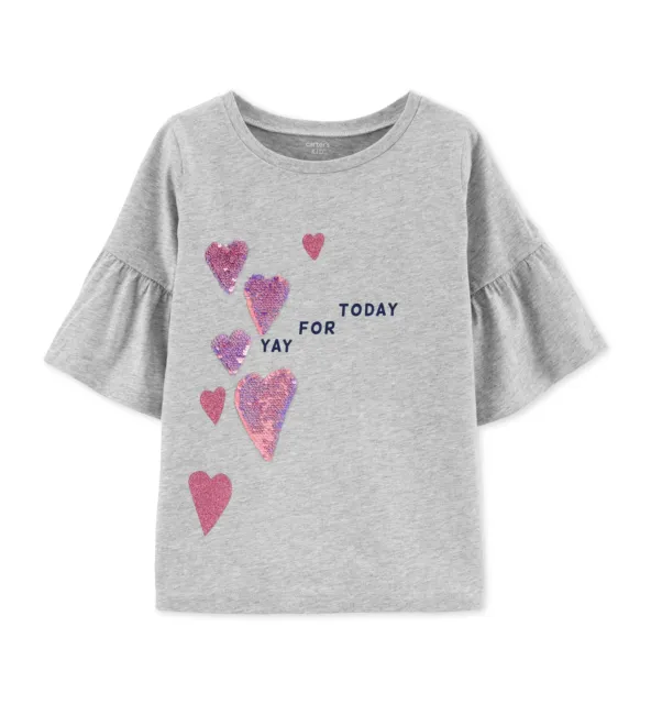 Carter's Little & Big Girls Bell Sleeves Flip Sequin Hearts T-Shirt Gray, Size 7
