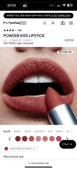 Mac Lippenstift POWDER KISS LIPSTICK Farbe: DEVOTED TO CHILI Neuwertig NP: 29€