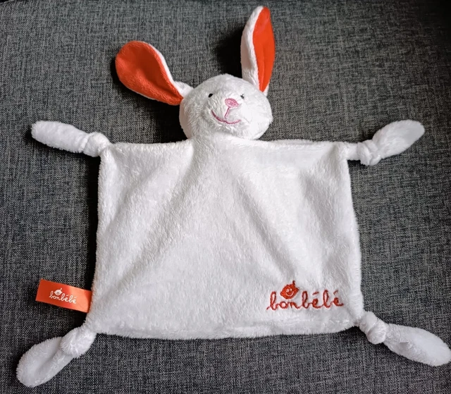 🌟🐰Doudou Lapin PLAT Blanc/ Rouge BONBEBE