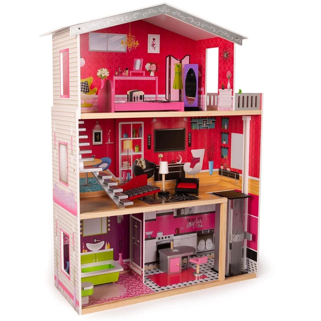 LARGE WOODEN DOLLS House Barbie Size with Lift and 10 Play Accessories