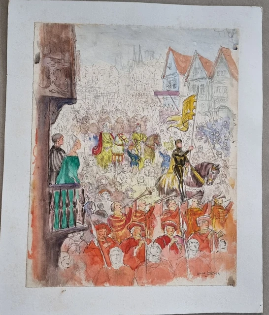 Aquarelle préparatoire Lucien LANTIER "entrée de Jeanne d'Arc à Orléans "