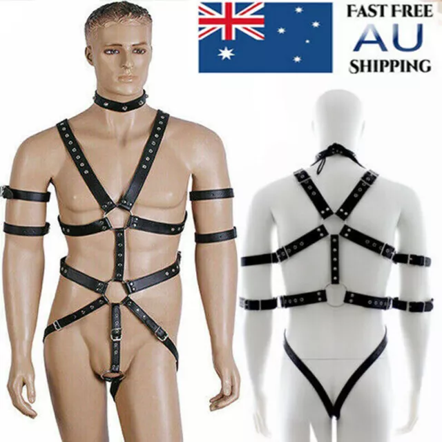 Sexy Male PU Leather Clubwear Body Suit Harness Gay Buckle Restraints Bondage SM