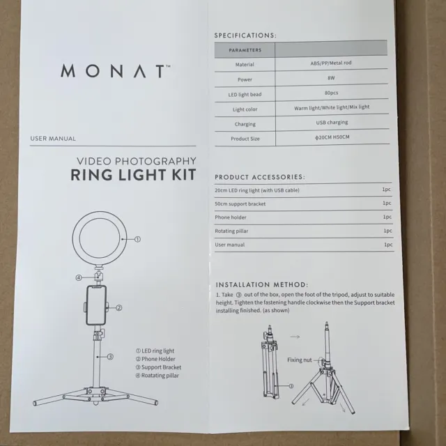 Monat Video Photography Ring Light Kit. Never Used.