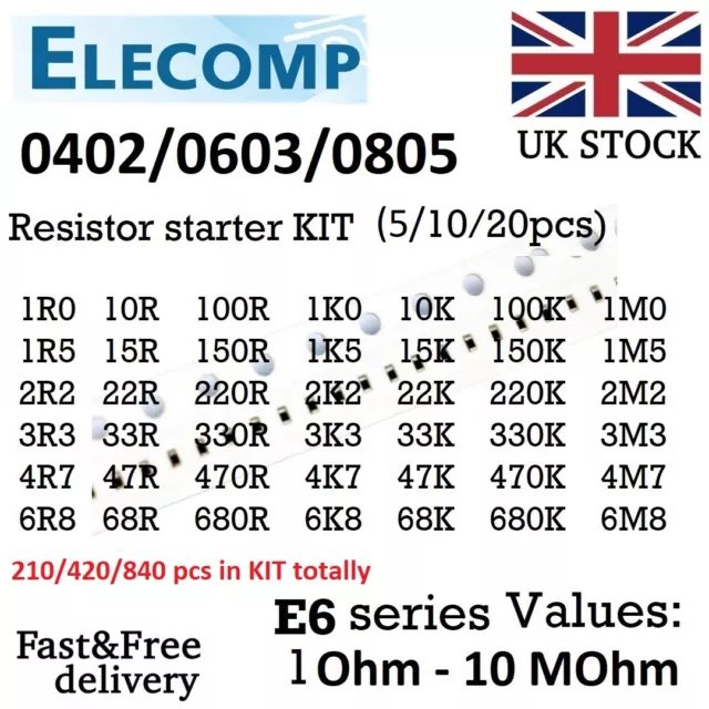 0402 1%,5% SMD Resistor Starter KIT E3,E6,E12,E24 values 1 Ohm - 10 MOm Free P&P