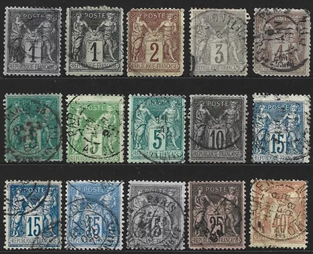 FRANCE - Série de 15 timbres oblitérés "Type Sage" de 1877 à 1898