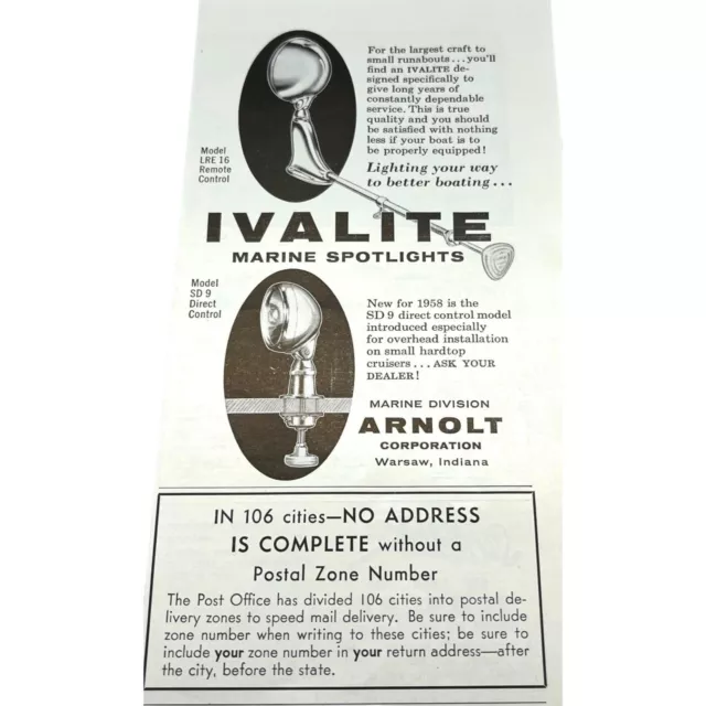 Ivalite Marine Spotlights 1958 Vintage Print Ad Arnault Corp Warsaw IN