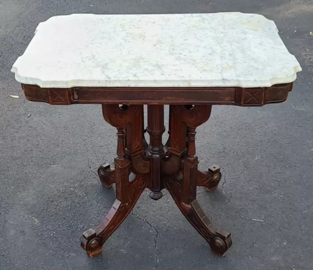 Vintage Antique Eastlake Marble Center Parlor Table Walnut Burl Wood Victorian