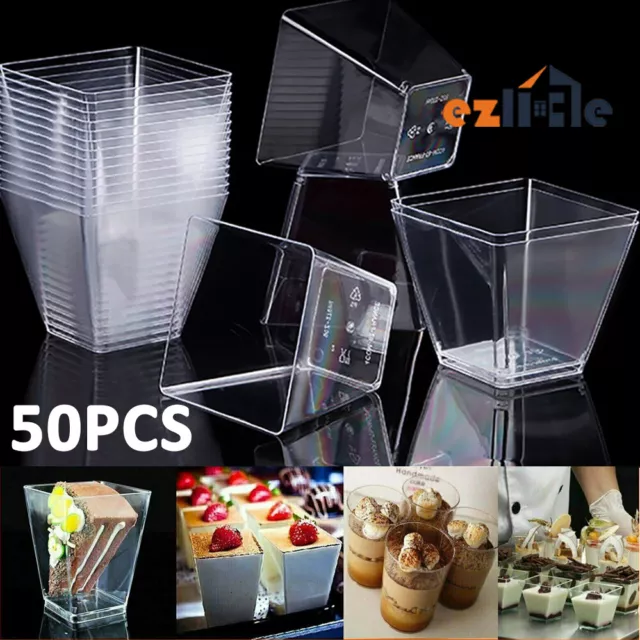 50x Dessert Cup Tableware Party Square Sauce 2oz Starter Clear Mini Plastic Cube