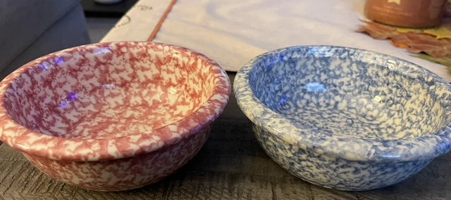Roseville Gerald Henn Red & Blue Spongeware 6.5" Cereal Bowl Oven Safe Set Of 2