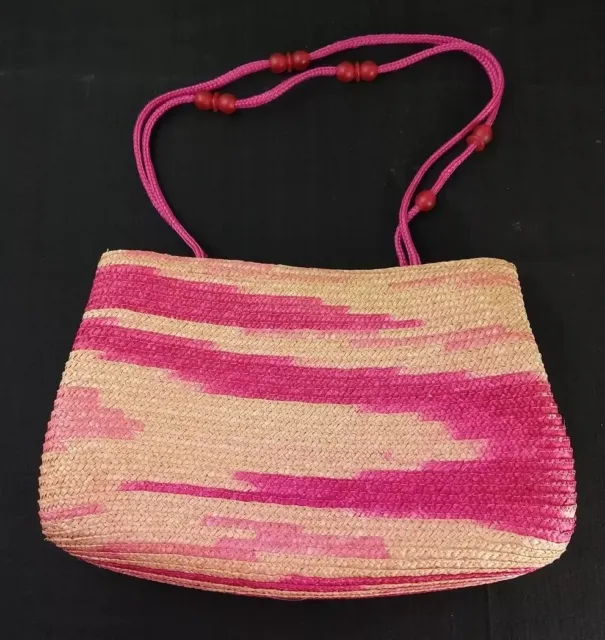 Straw Clutch Handbag Pink and Tan Purse Crossover