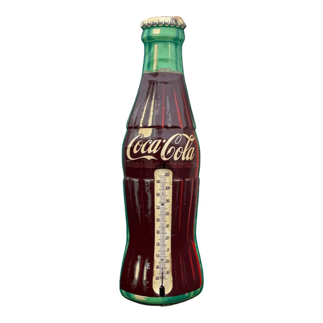 VINTAGE 1950's COCA COLA BOTTLE TIN LITHO ADVERTISING THERMOMETER BY ROBERTSON