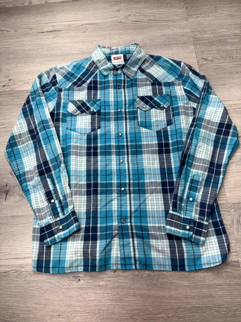 Levis Shirt Mens L Blue White Plaid Western Pearl Snap Sawtooth Pocket Modern 2