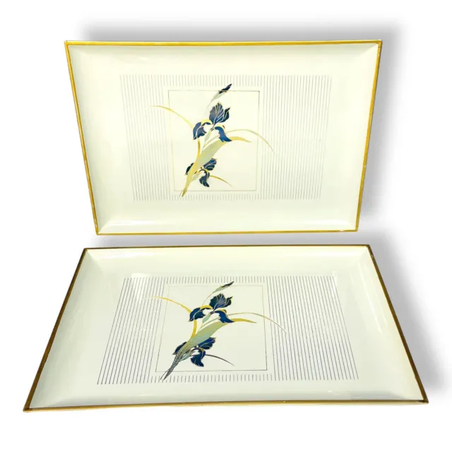Otagiri Lacquerware Grand Iris Plates With White Gold Trim 6 x 8 Floral Lot of 2