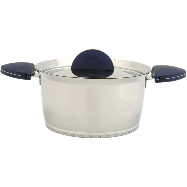 "Olla de stock cubierta de acero inoxidable BergHoff Stacca de 10", azul precio de venta sugerido por el fabricante $250 🙂