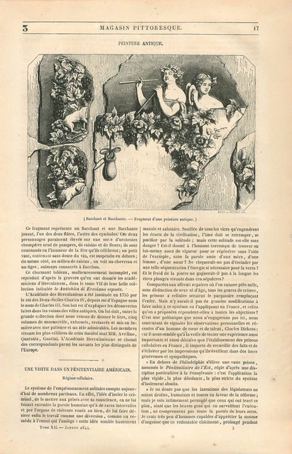 Bacchant & Bacchante Flûte Cymbales Fragment de Peinture Antique GRAVURE 1844