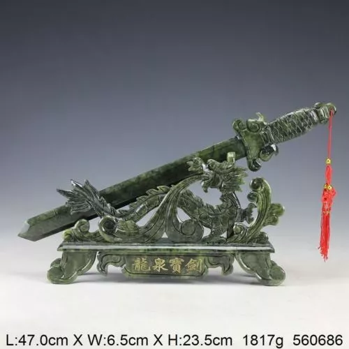 Oriental Chinese Handwork Carved Green Jade Fengshui Dragon Sword Wealth Statue 2