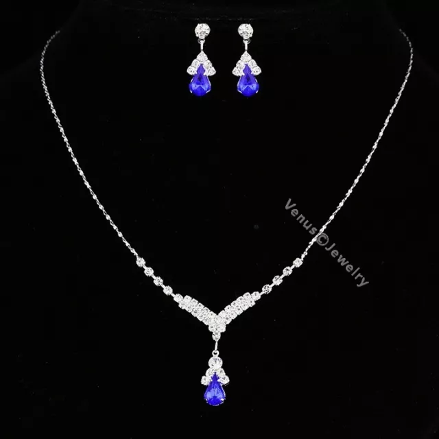 Bridal Bridesmaid Wedding Blue Rhinestone Crystal Necklace Earrings Set N303