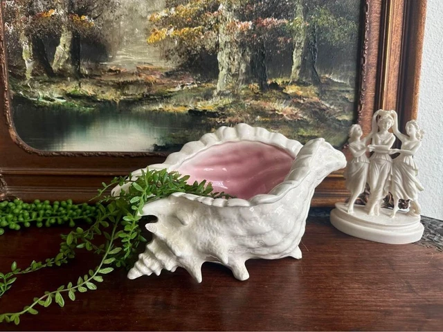 Vintage Ceramic White and Pink Conch Shell Planter