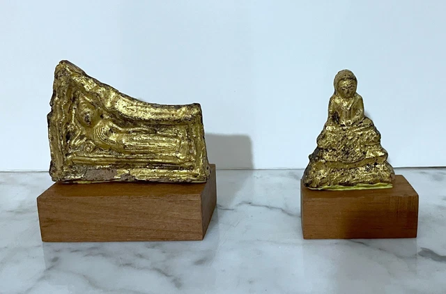 Two Antique Thai Buddhist Gold Painted Terracotta Votive Figurines Of Buddha