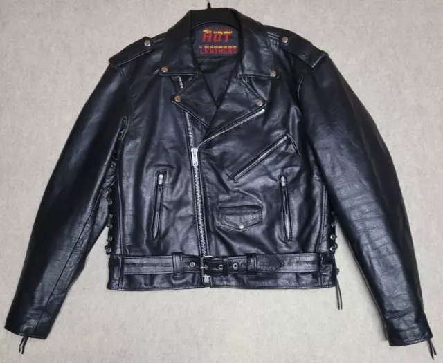 Vtg Mens 48 M Hot Leathers Black Motorcycle Biker Harley Davidson Patch Jacket