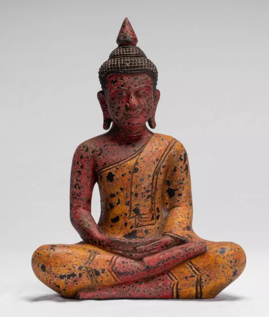 Antique Khmer Style Wood Seated Buddha Statue Dhyana Meditation Mudra - 32cm/13"