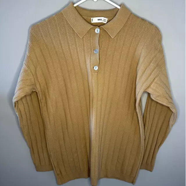 MNG Mango Long Sleeve 1/4 Button Collared Ribbed Knit Sweater Camel Women's Sm
