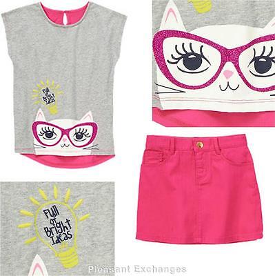 NWT Gymboree 5 6 BRIGHT IDEAS 2pc Girls Kitty Cat Sparkle Glasses Top Pink Skirt
