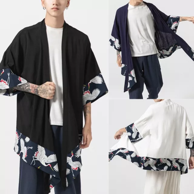 Uomo Crane Kimono Cotone Lino Giapponese Yukata Cardigan Cappotto Giacca Rétro