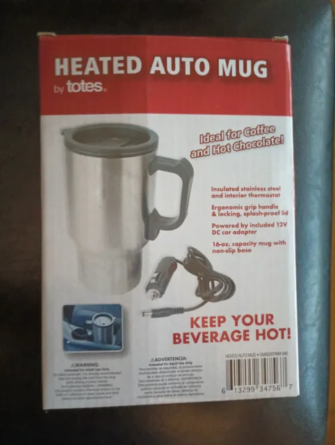 Totes Heated Auto Mug, Fill up & Sip,  16 oz, Stainless Steel 12DC Adapter - NEW