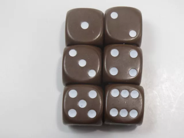 NEW Dice Set of 6 D6 (16mm) - Opaque Brown w/White pips