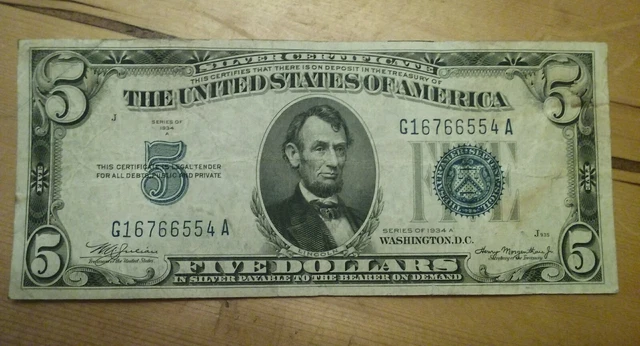 1934 A US $5 Silver Certificate - Blue Seal - Five Dollar bank note