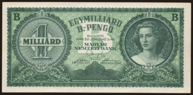 1000 000 000 B-Pengo Aunc Unissued Banknote From Hungary 1946 Pick-137 Xtra Rare