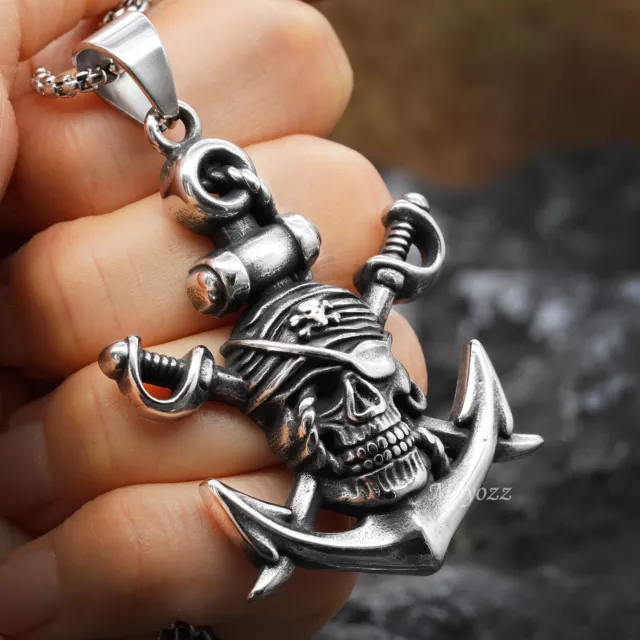 Vintage Cool Mens Caribbean Pirate Skull Pendant Necklace Stainless Steel