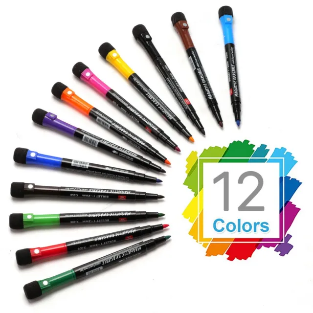 12 Colors Magnetic Dry Erase Marker Whiteboard Pen Fine Tip Assorted for Fridge