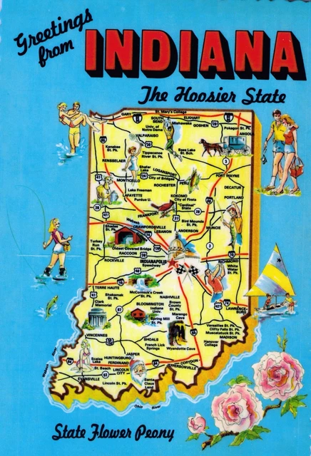 Postcard Greetings From Indiana Hoosier State Flower Cardinal Peony Road Map M1
