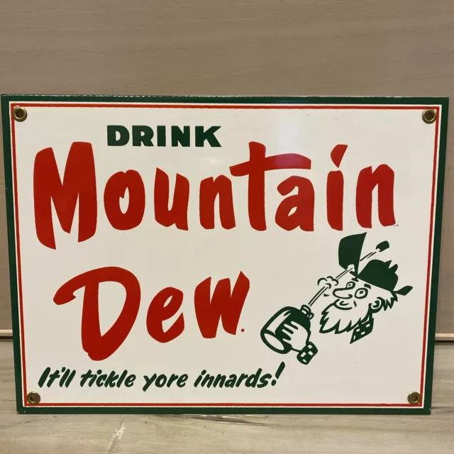 VTG MOUNTAIN DEW PORCELAIN SODA SIGN, 1970’s/80’s, 12”x9”, Great Shape