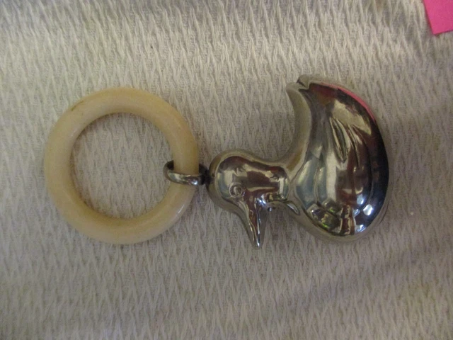 Antique Vintage Sterling Silver Duck Baby Infant Rattle Silver Teething Ring