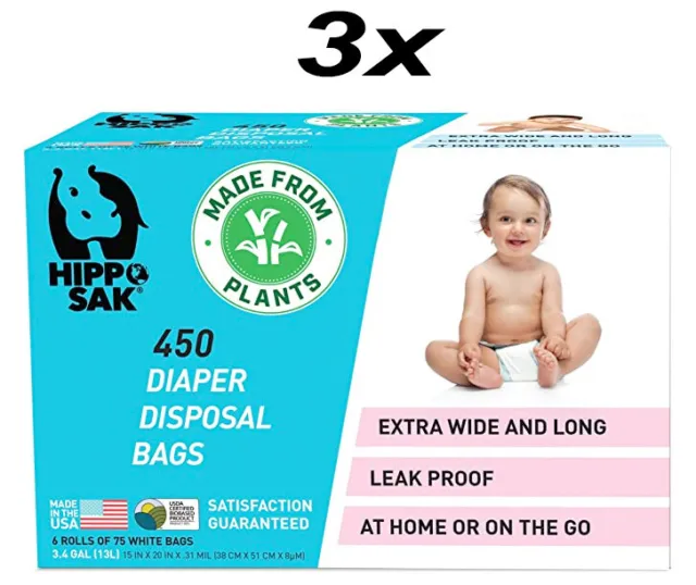 3x Hippo Sak Plant-Based Diaper Disposal Poop Bags, 450 Count (1350 Bags)