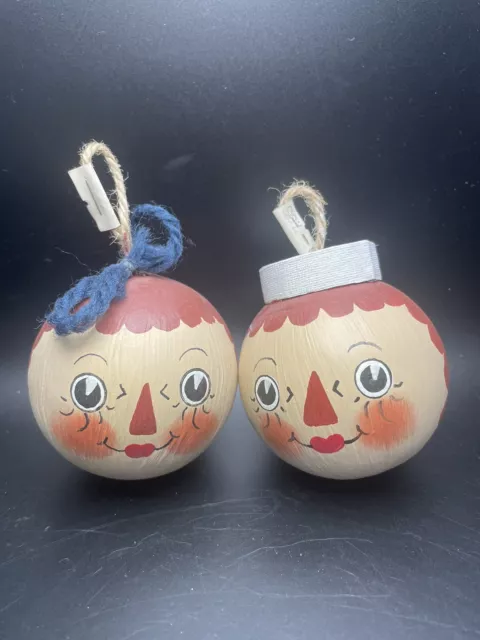 Vintage Raggedy Ann and Andy Wooden Ornament Balls Pair Set Hand Painted