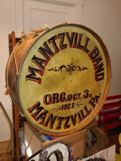 Large Antique 100 Year Old Drum, Mantzville Pennsylvania Band Drum, 33 in. Tall Large Antique 100 Year Old Drum, Mantzville Pennsylvania Band Drum, 33 in. Tall