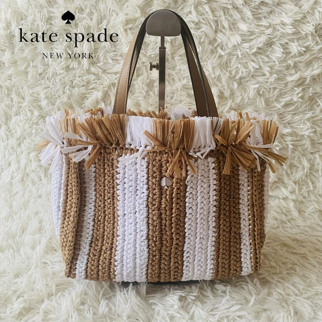 Kate Spade New York basket bag straw back stripe white brown 22×27.5×12.5cm