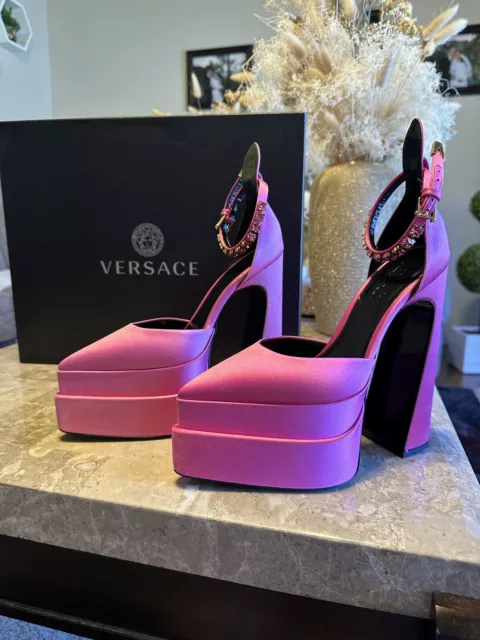 Versace Medusa Aevitas Size 36 Platform Pumps Pink Satin $1750