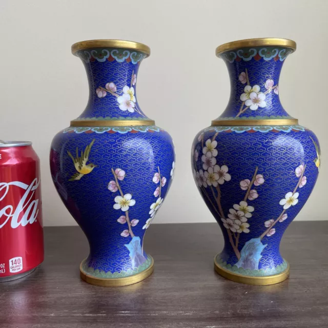 Floral Chinese Cloisonne Enameled Brass BLUE Vases Birds Flowers - 8"H PAIR