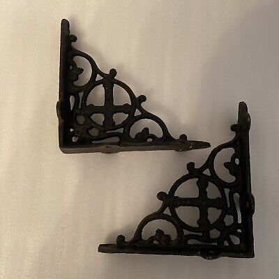 2 Cast Iron shelf brackets with cross design 5 1/2" x 6" Vintage