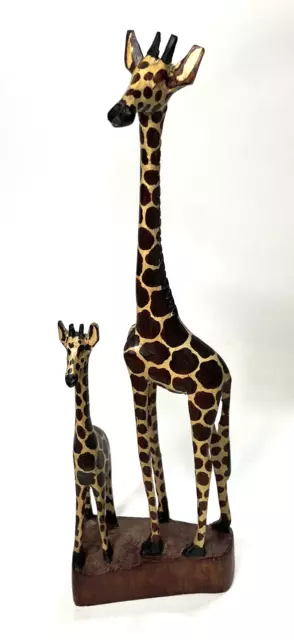 Wooden Giraffe Hand Carved Painted  Mother and Baby Statue African Safari Decor