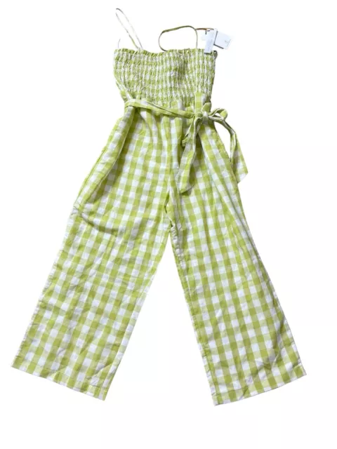 House of Harlow Lrg Gingham Cropped Jumpsuit Smocked Linen-Tencel Pockets NWT